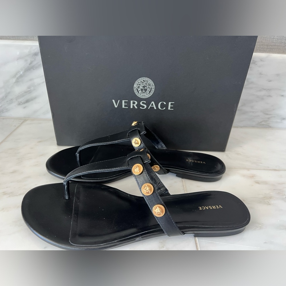 Versace Black Leather Sandals with Gold Medallions Size 10/40, excellent cond.